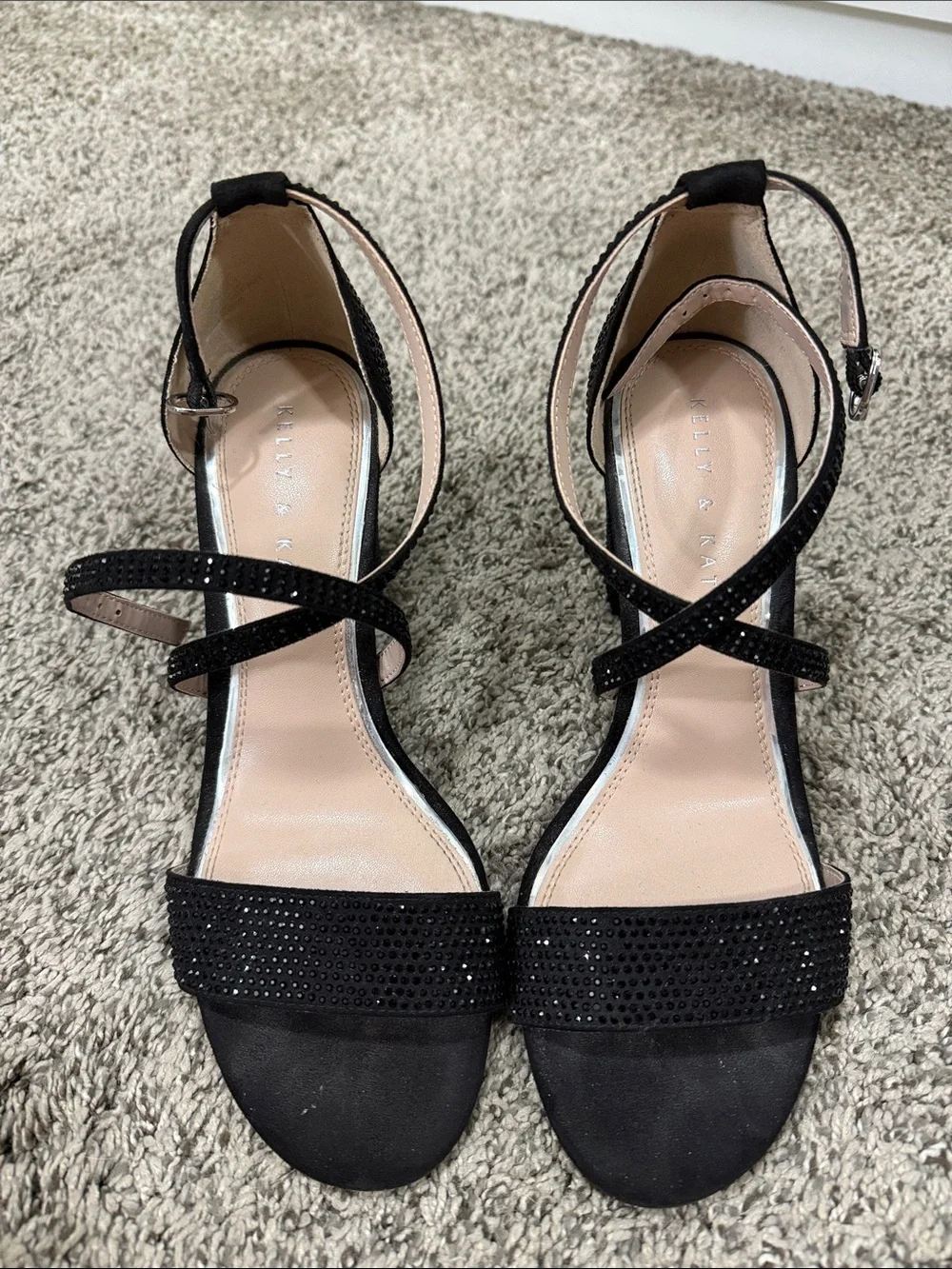 Kelly & Katie Black Crystal-Strap Block Heels